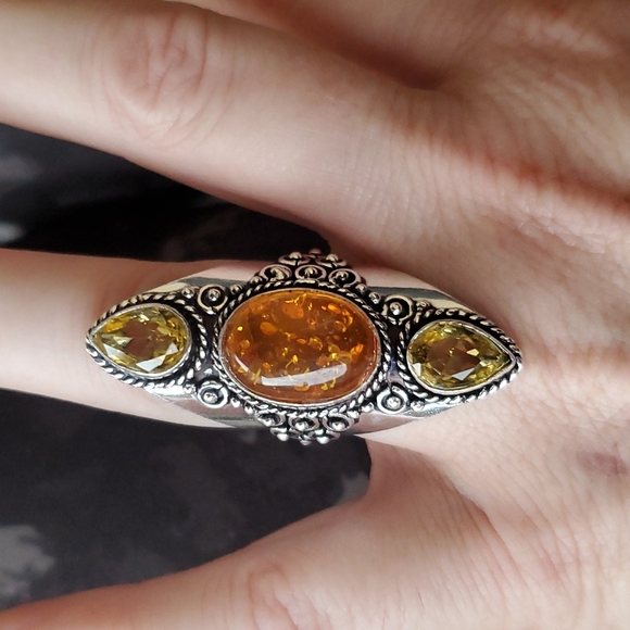 New Baltic Amber & Citrine 925 Silver Statement Ring. - Picture 4 of 16